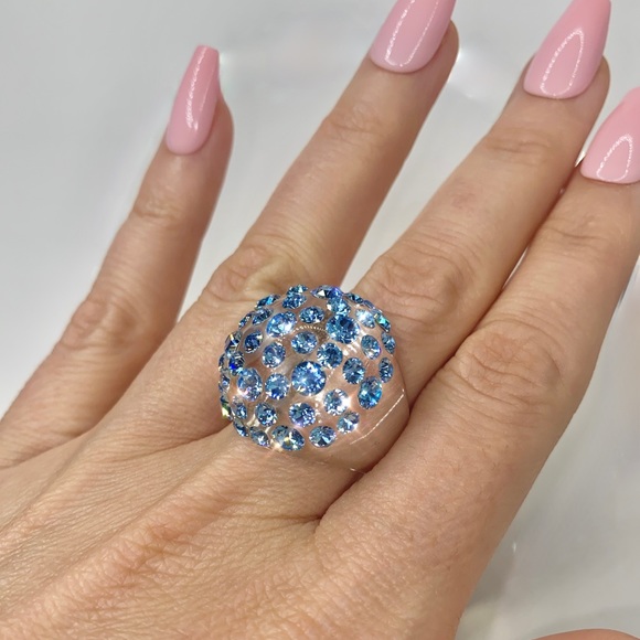 Acrylic Crystal Blue Ring Embellished with blue Crystal stones, Statement Ring - Picture 4 of 13